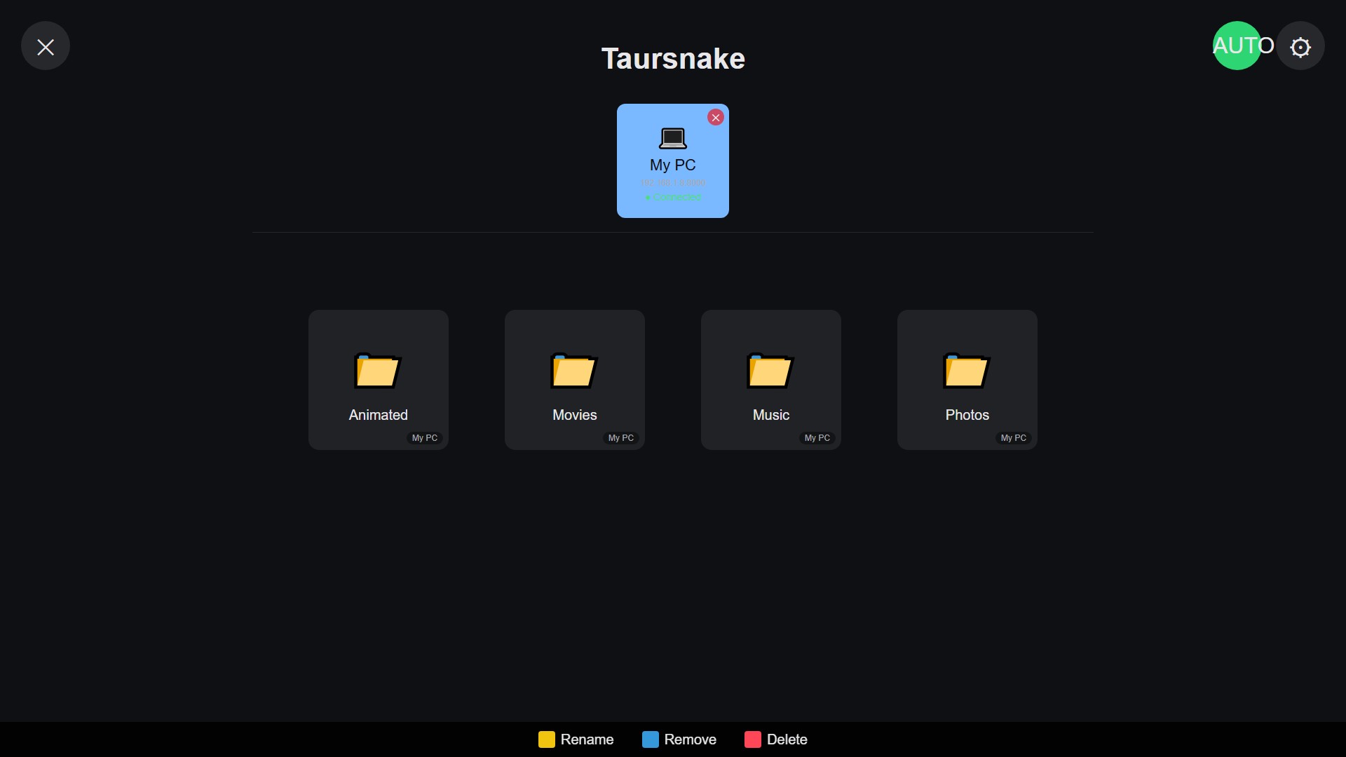 Taursnake home screen on a Samsung TV